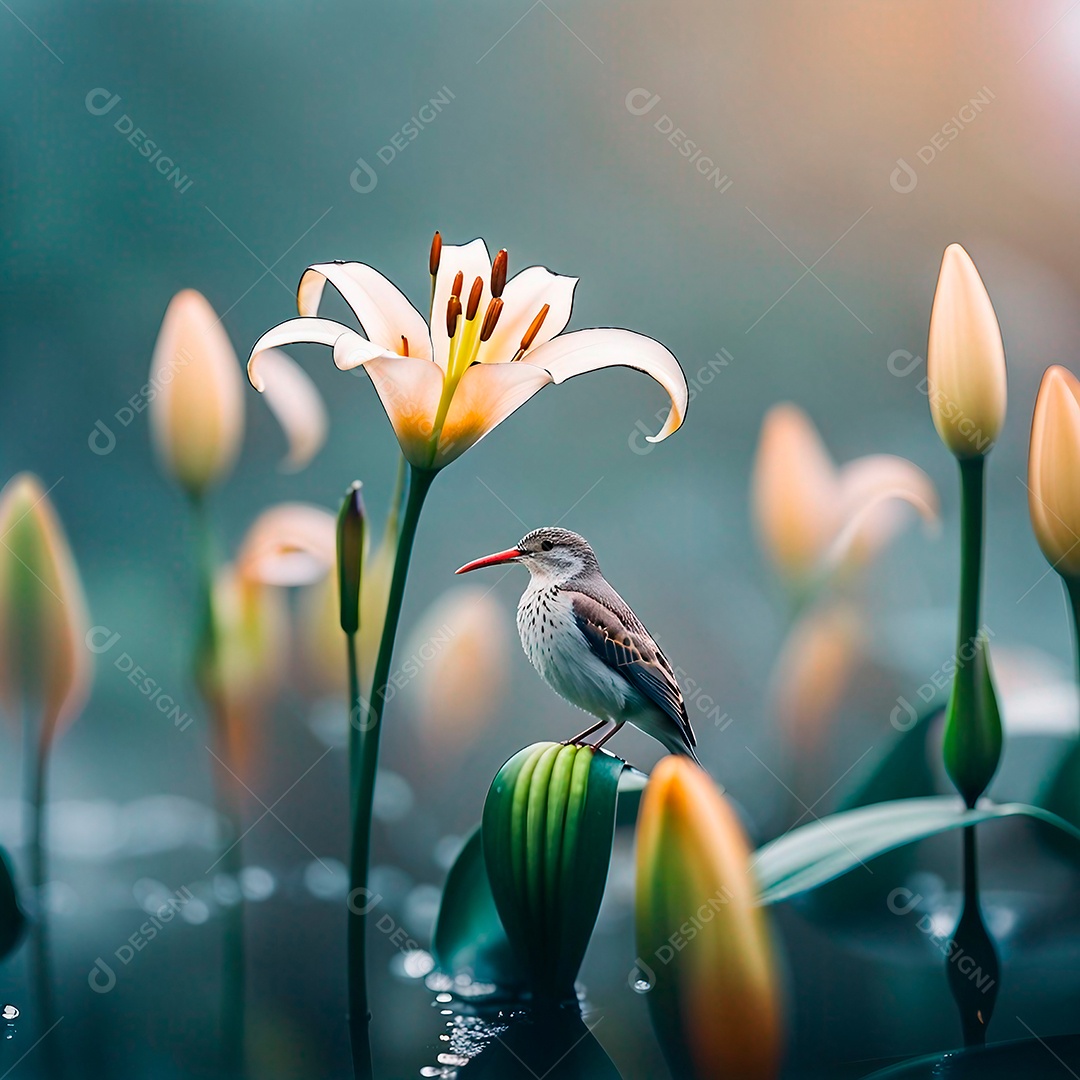 Pássaro em uma flor de lírio, nevoeiro