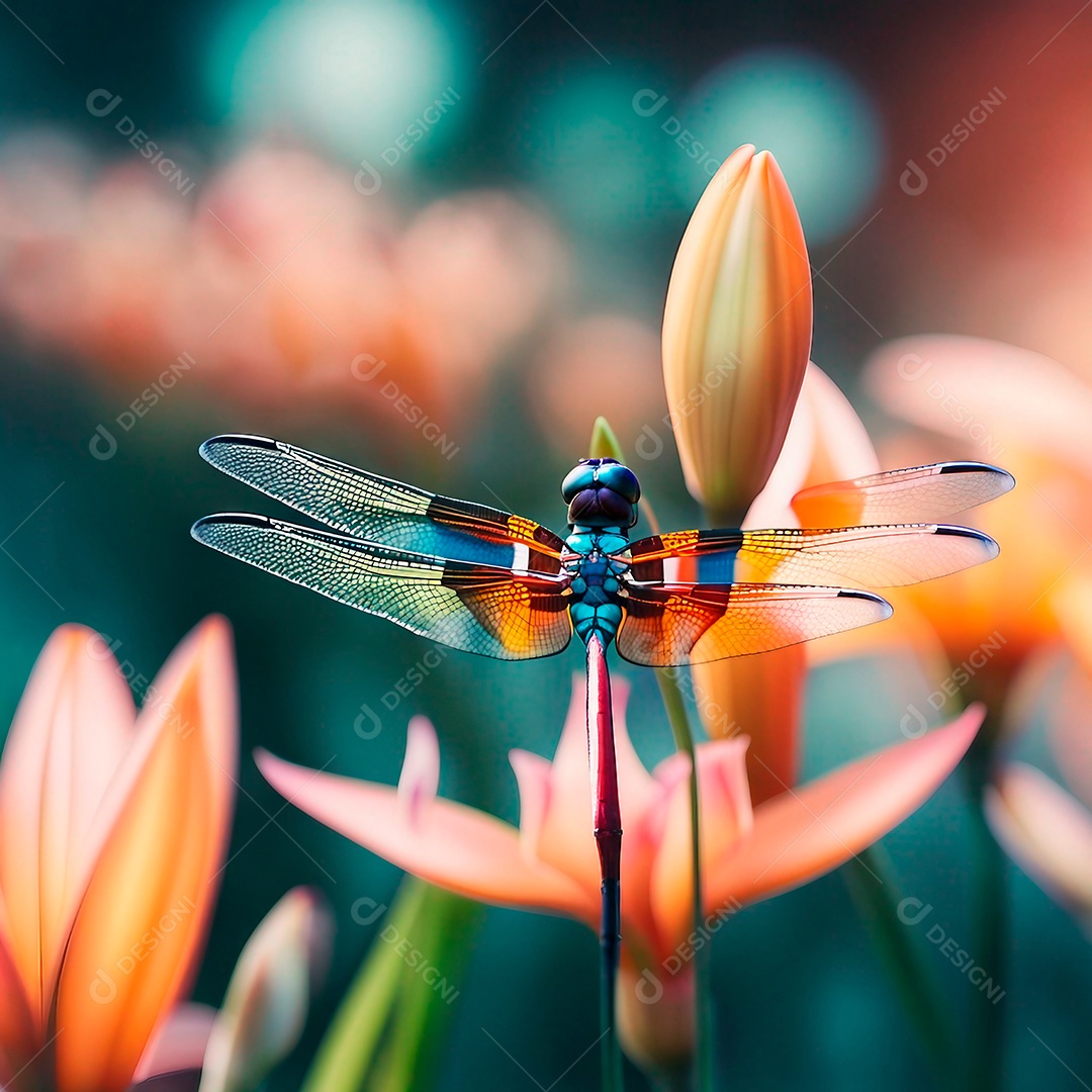 Libélula colorida em flores de lírio