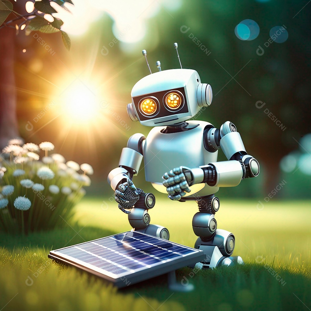 Robô segurando um painel solar em uma grama globo