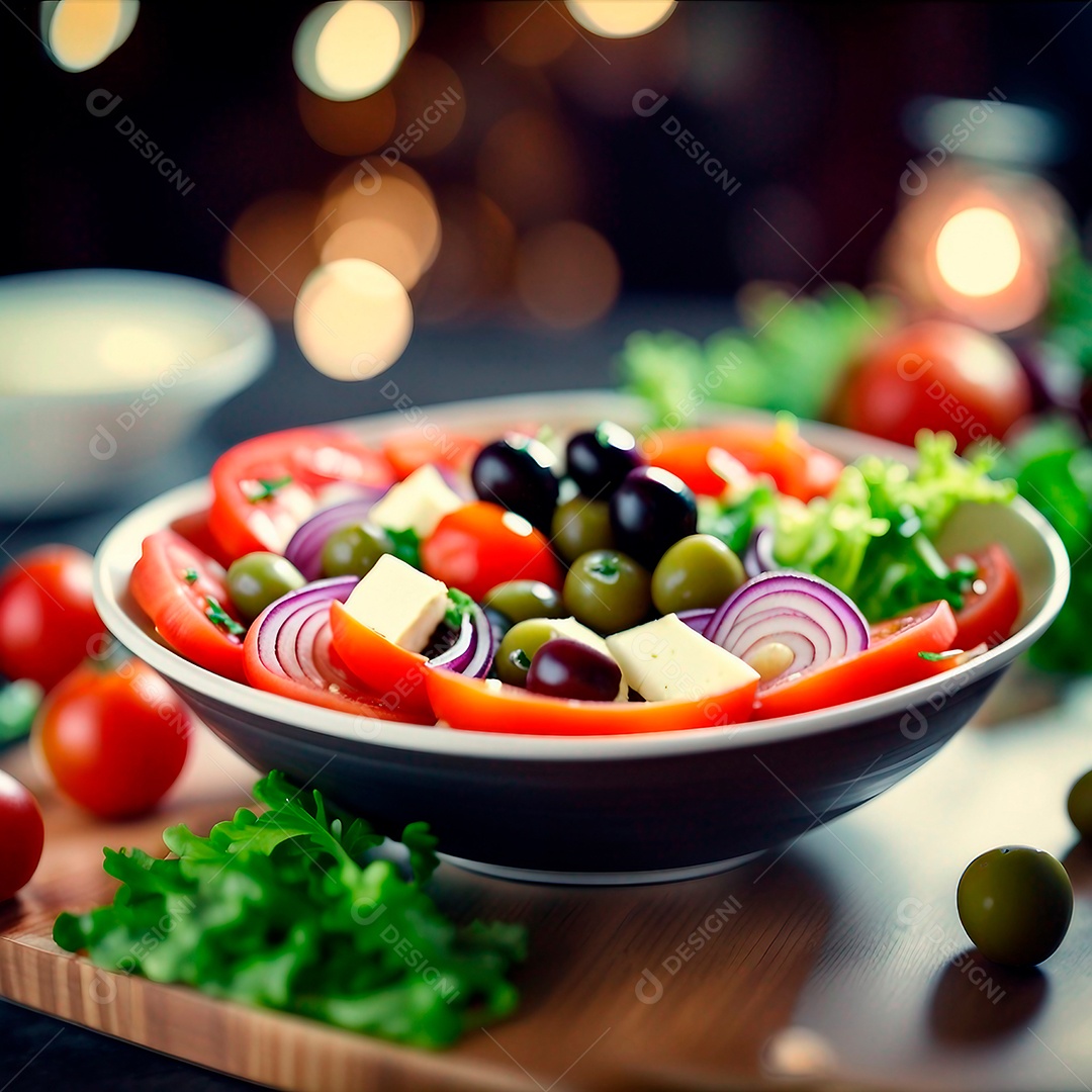 Tigela com salada de tomate com queijo brie azeitonas cebola alface