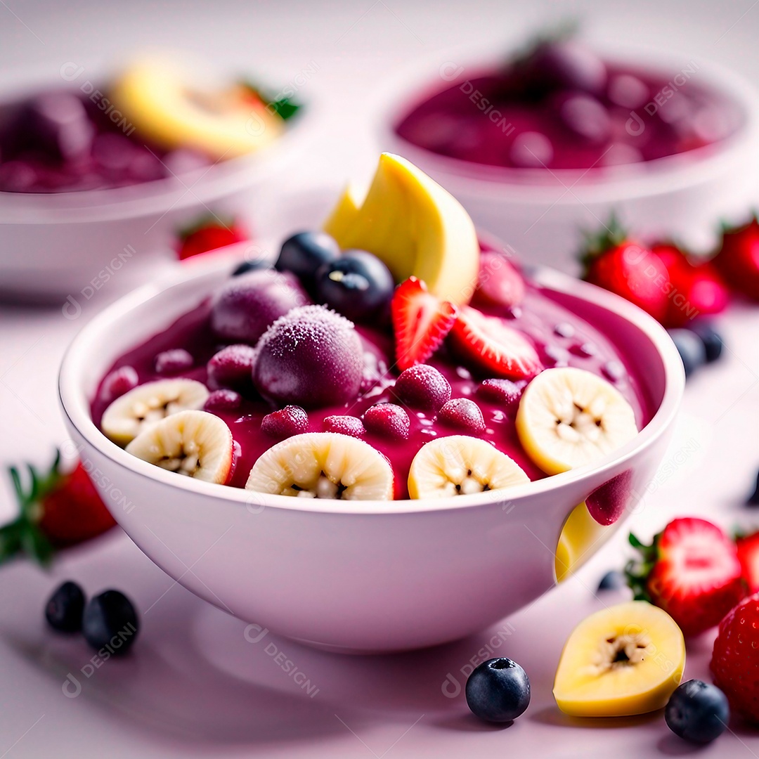 Açaí congelado brasileiro com morango e banana em uma tigela