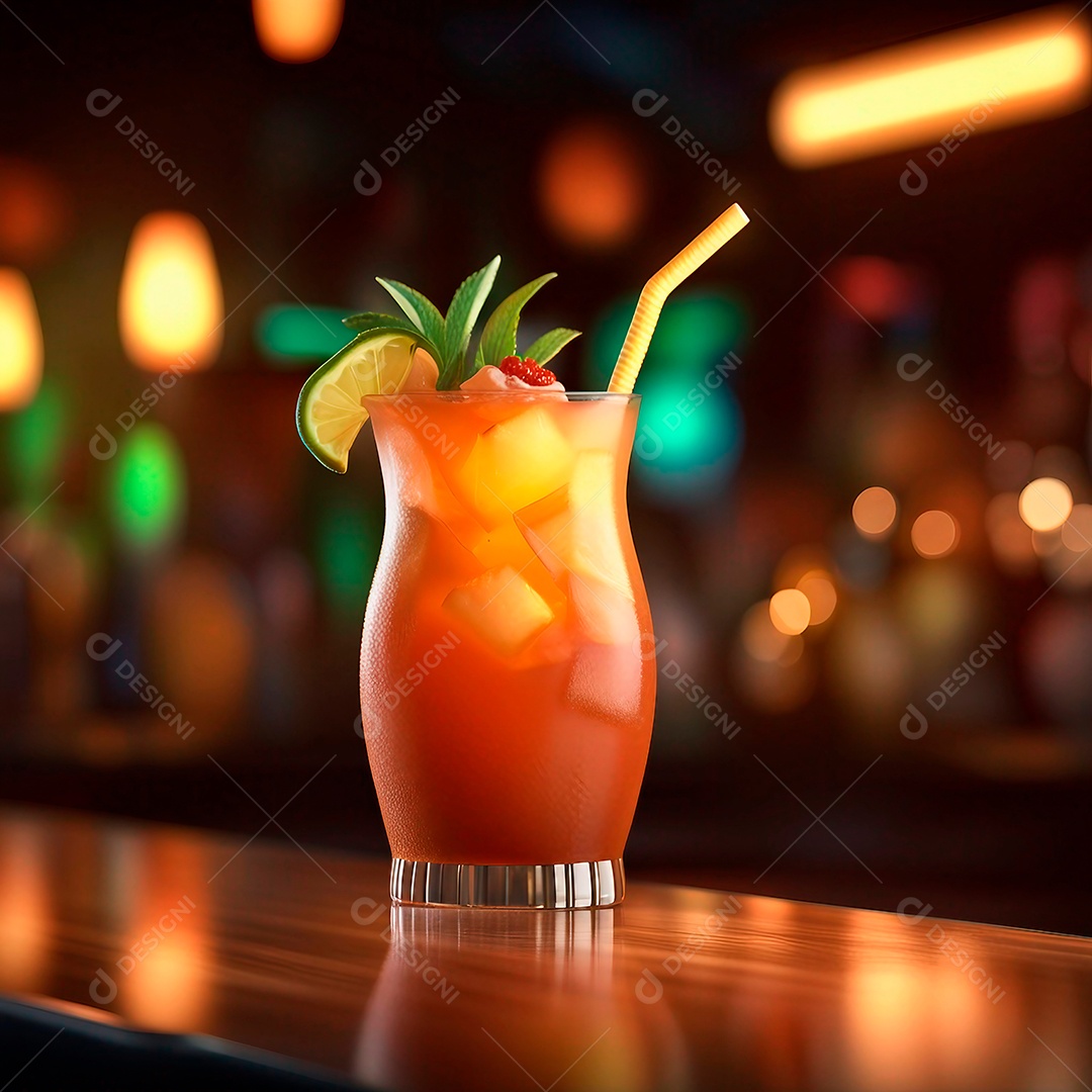 Beber copo em um balcão de bar com fundo desfocado