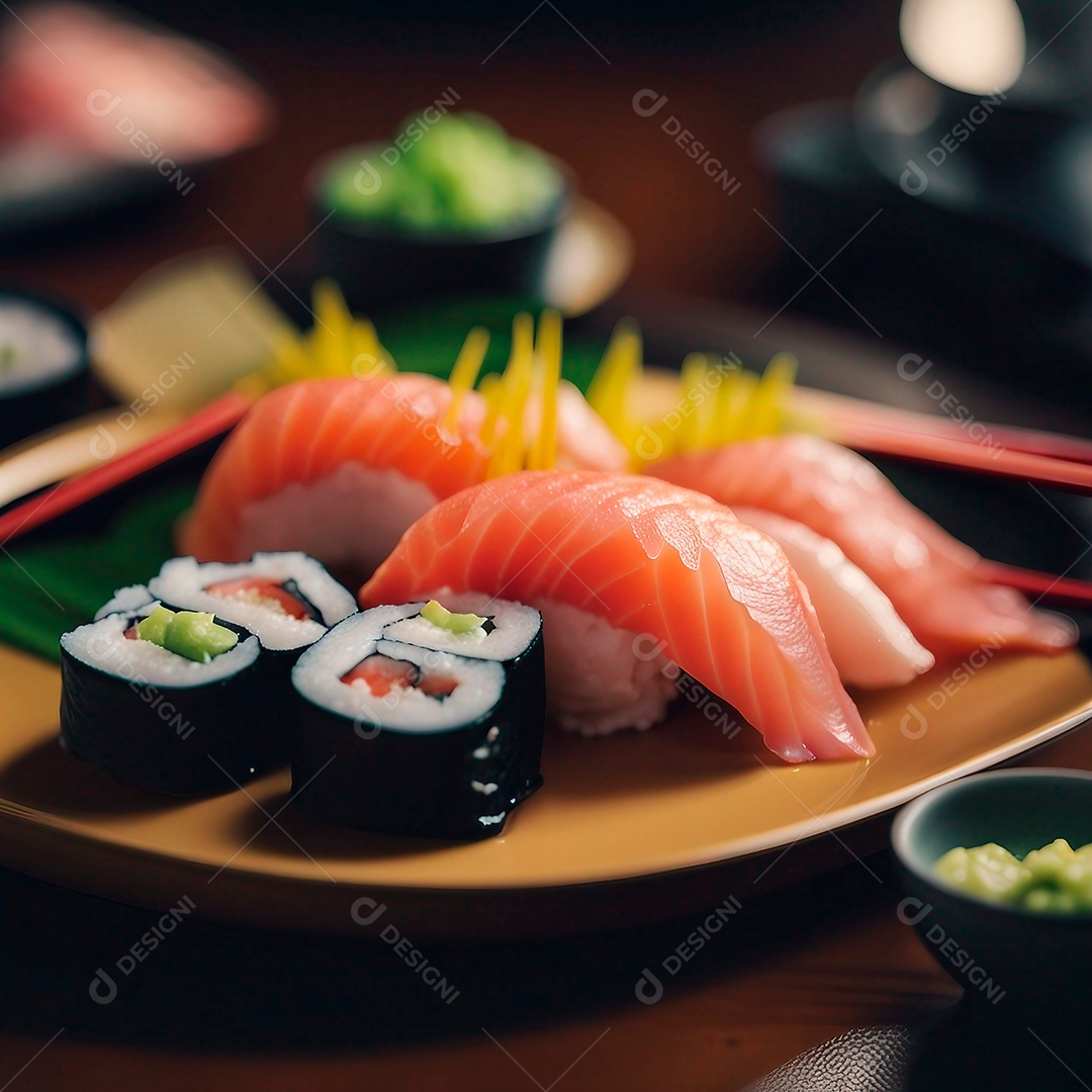 Sushi sashimi sem tons de salmão em prato amarelo