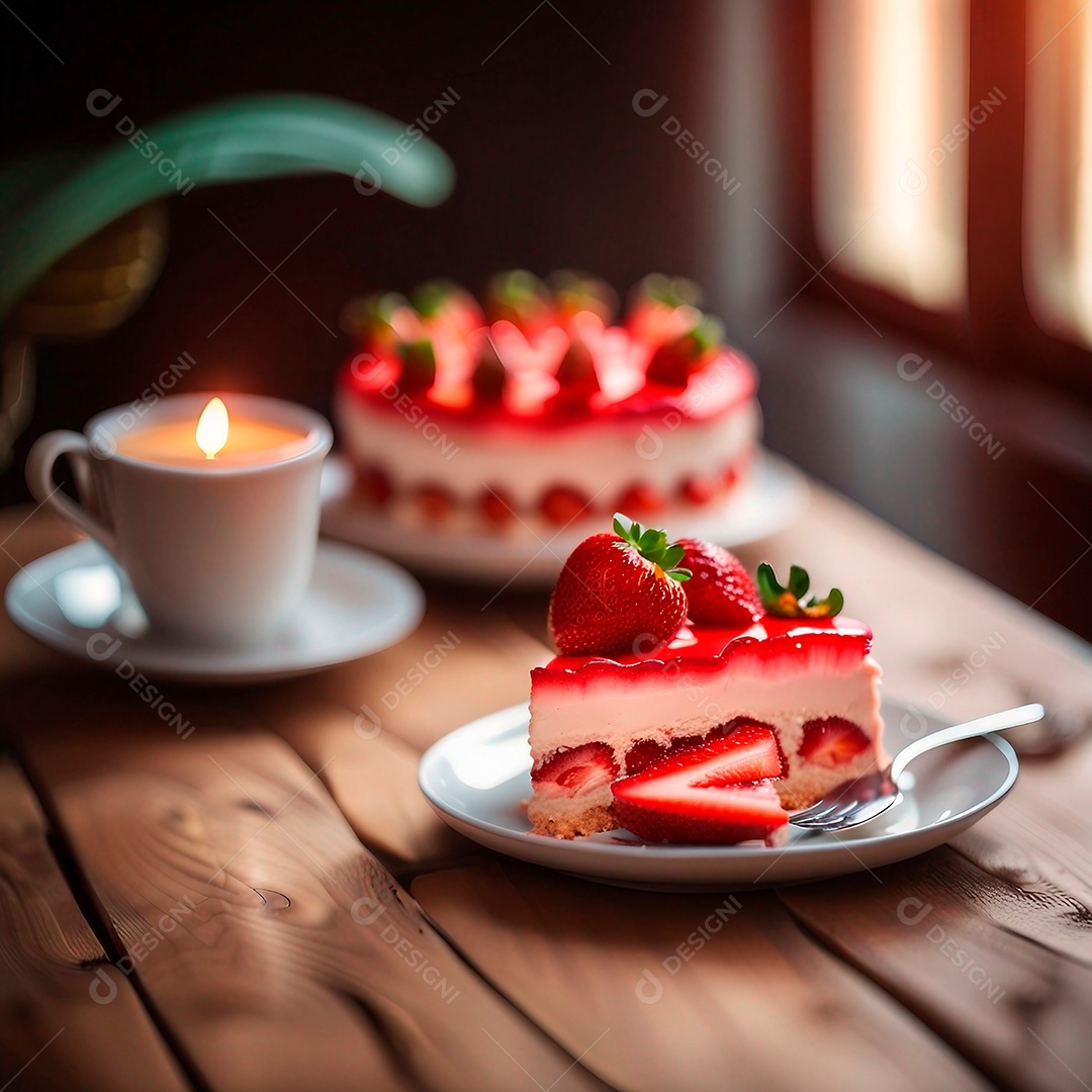 Bolo de morango na mesa de madeira