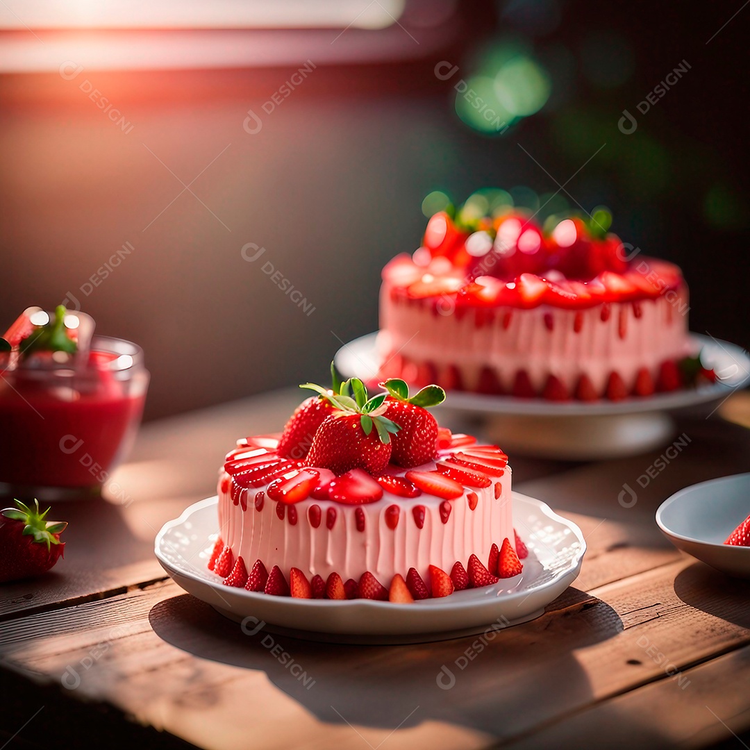 Bolo de morango na mesa de madeira