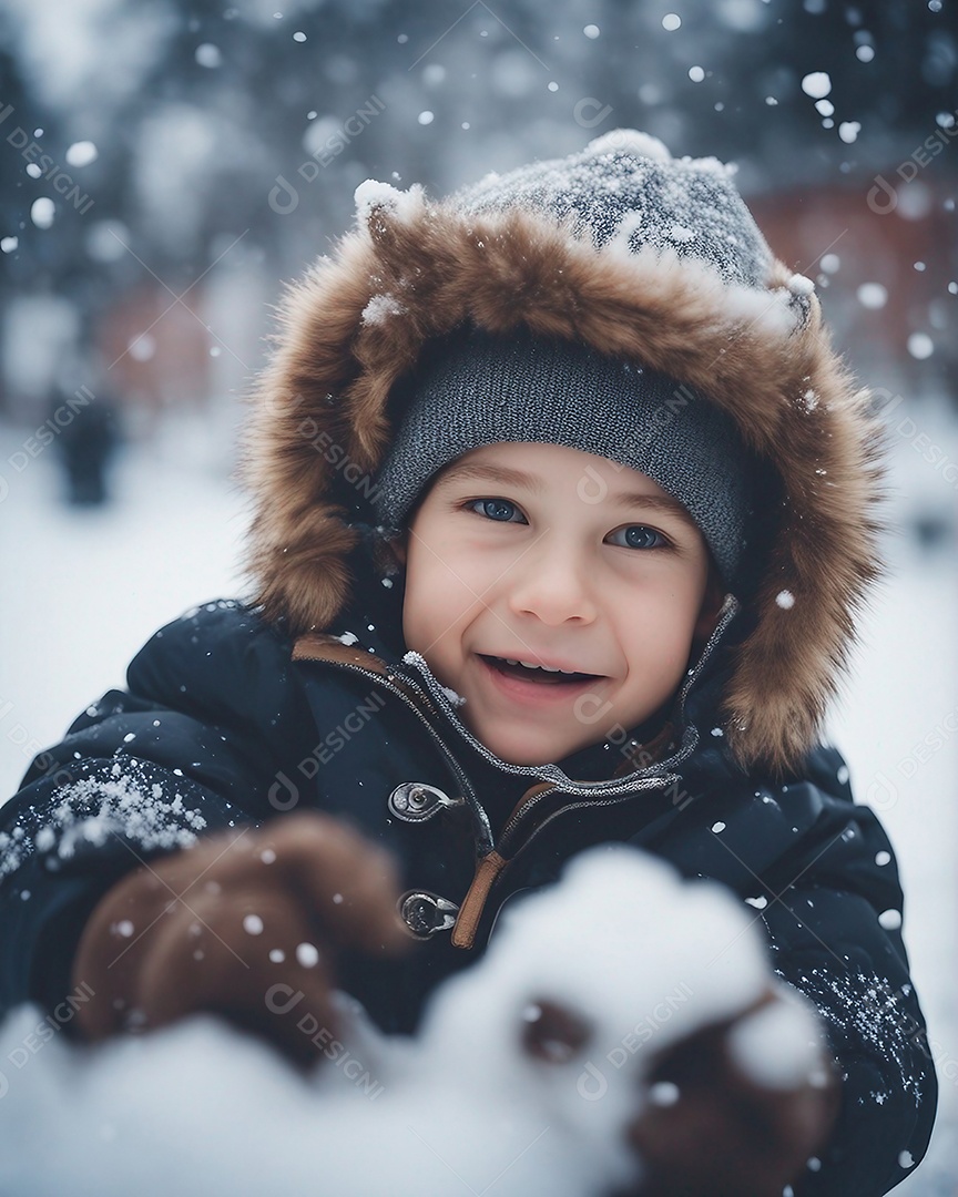 Um lindo garoto brincando na neve