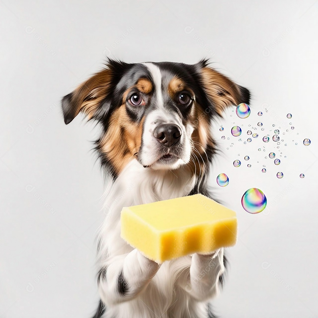 Cachorro segurando esponja com bolha de sabão