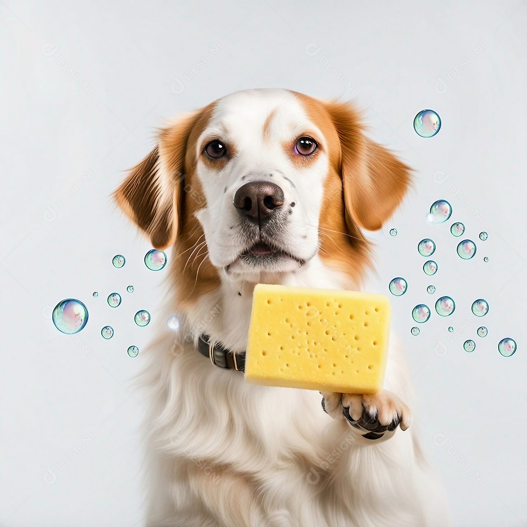 Cachorro segurando esponja com bolha de sabão