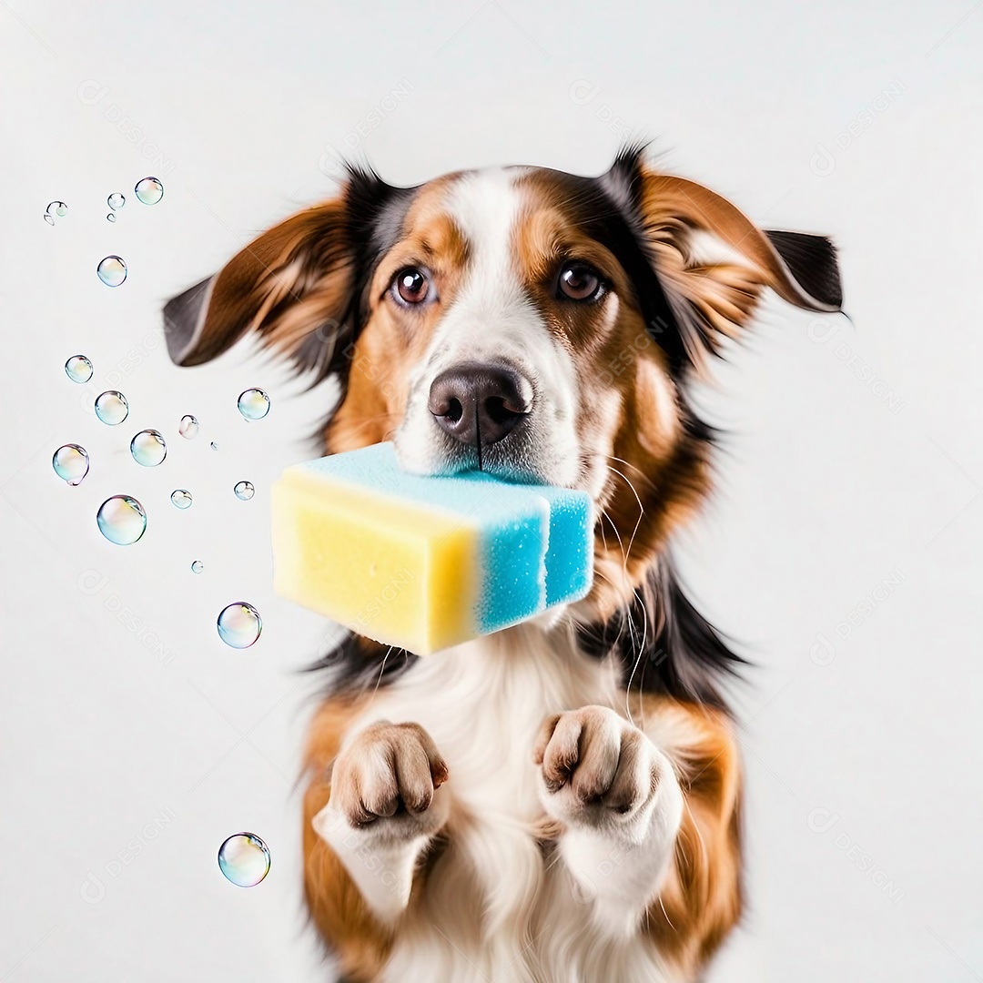 Cachorro segurando esponja com bolha de sabão