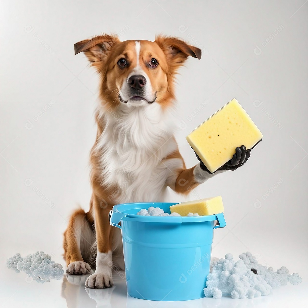 Cachorro segurando esponja com bolha de sabão