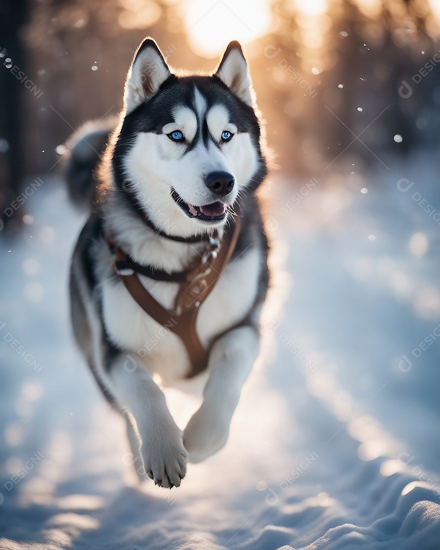 Cão husky siberiano brincando na neve