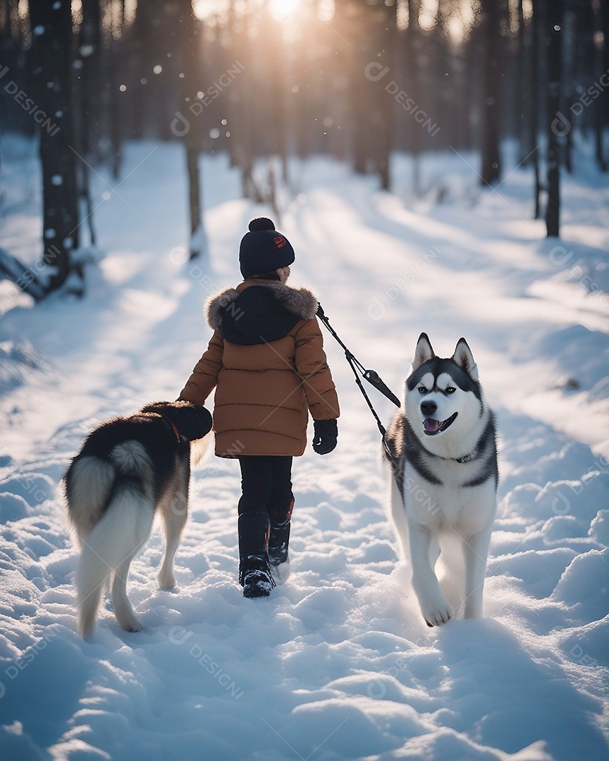 Cão husky siberiano na neve e uma criança o guiando