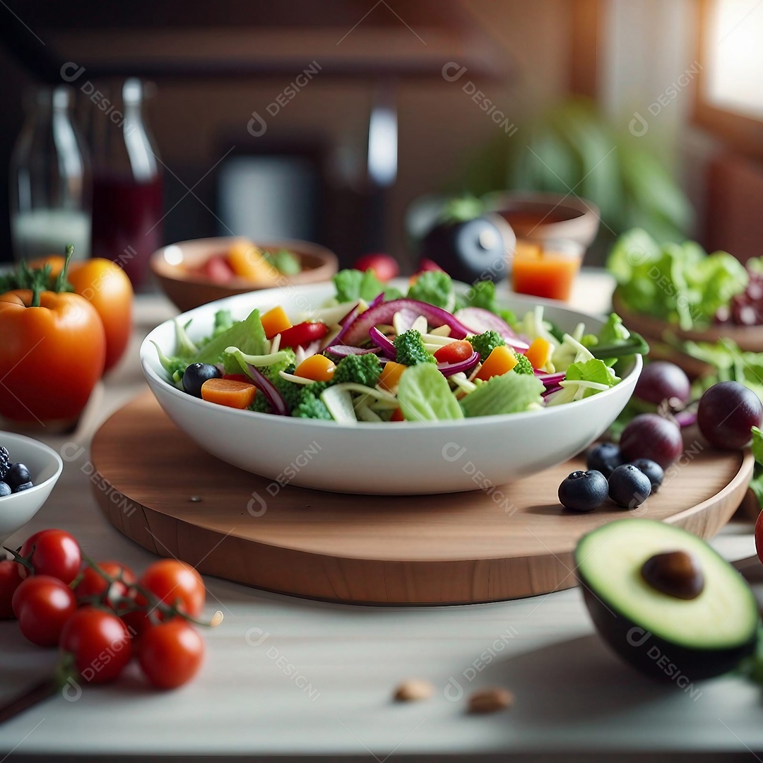 Mesa posta com vasilhas de salada