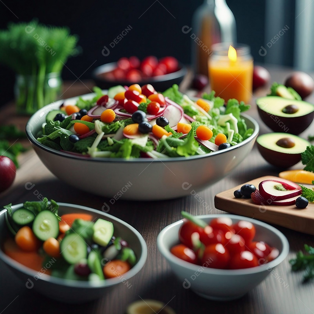 Mesa com mix de saladas em tigela