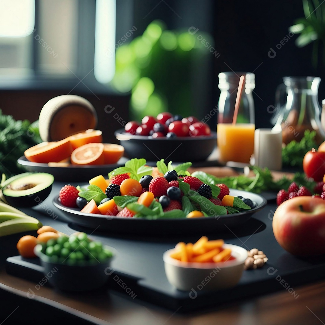 Mesa posta com vasilhas de salada