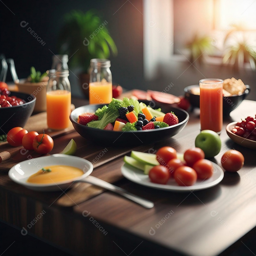 Mesa com mix de saladas em tigela