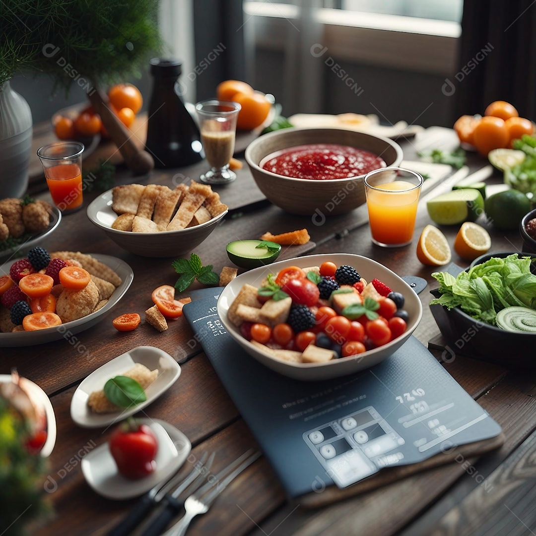 Mesa com muitos tipos variados de saladas em tigela