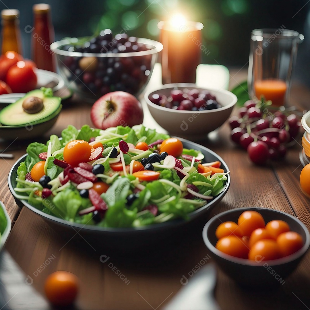 Mesa com mix de saladas em tigela