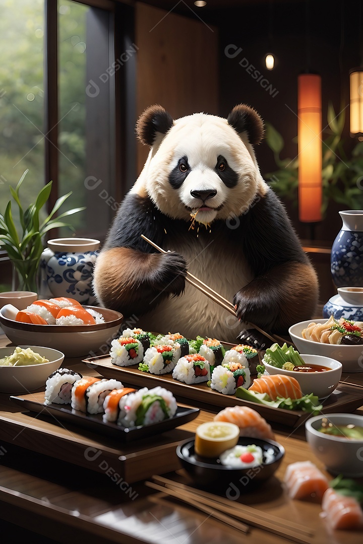 Panda comendo sushi em restaurante japonês