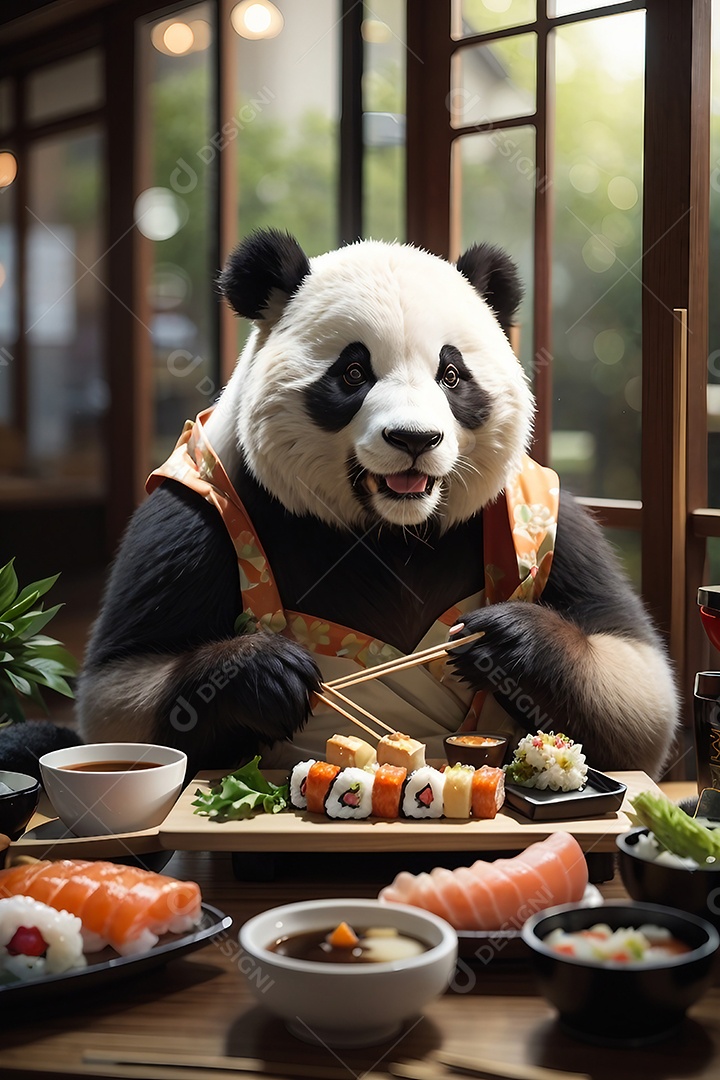 Panda comendo sushi em restaurante japonês