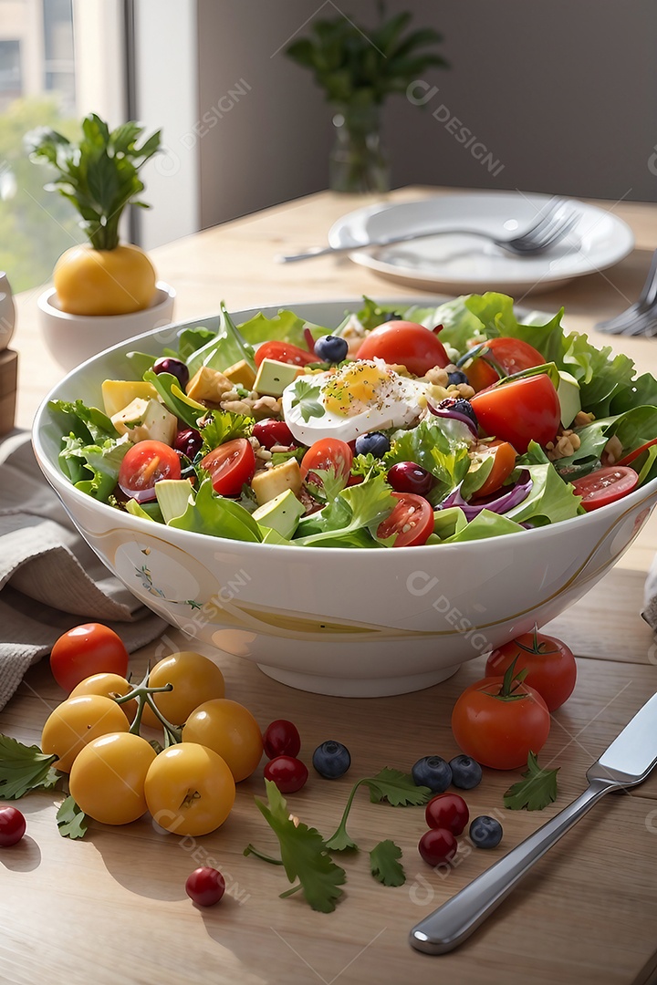 Mesa posta com vasilhas de salada