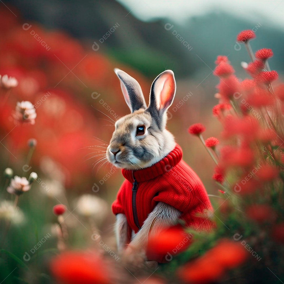 Um coelho vestindo um suéter vermelho paisagem natural