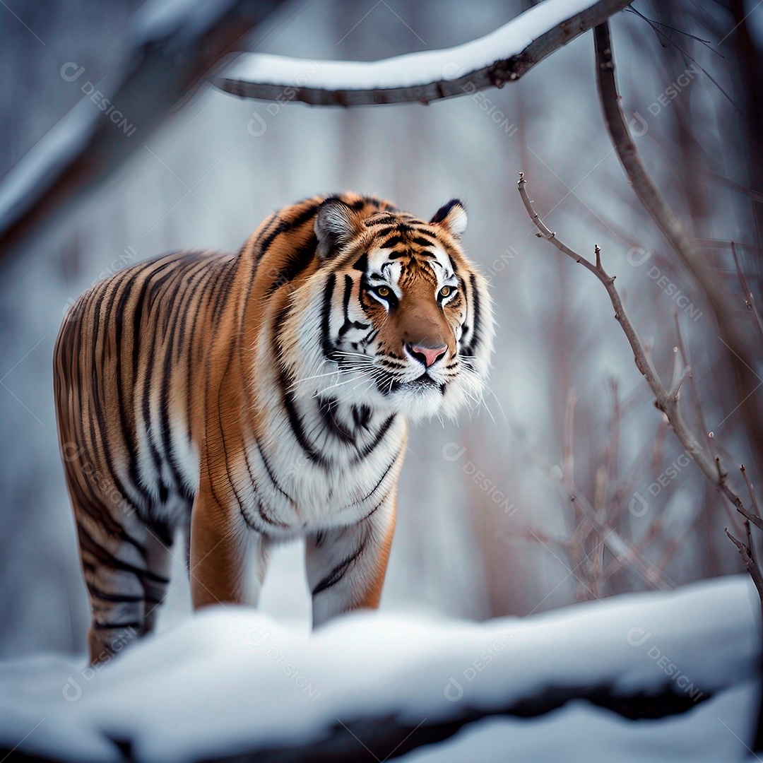 Tigre siberiano na neve com galhos secos