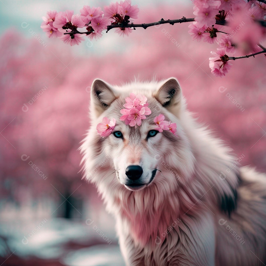 Lobo fofo em uma paisagem com flores de cerejeira