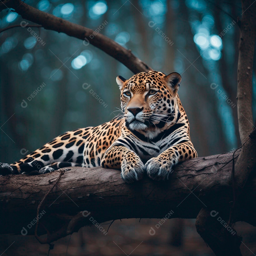 Onça descansando em um galho grande na floresta