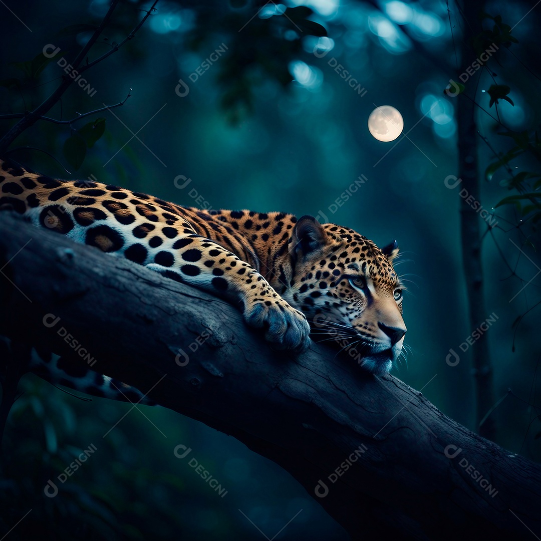 Jaguar descansando em um galho grande na floresta lua cheia