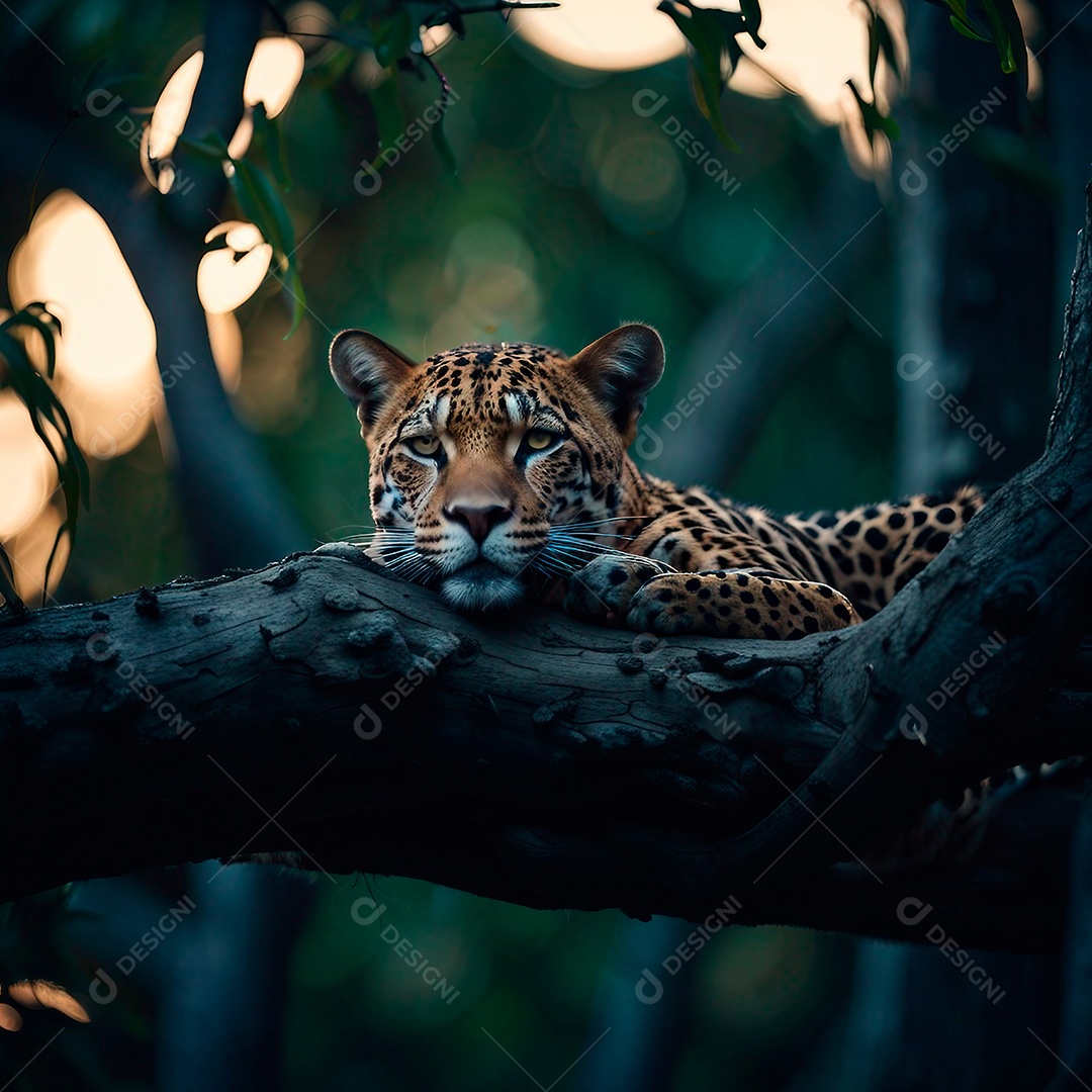 Jaguar descansando em um grande galho na floresta amazônica