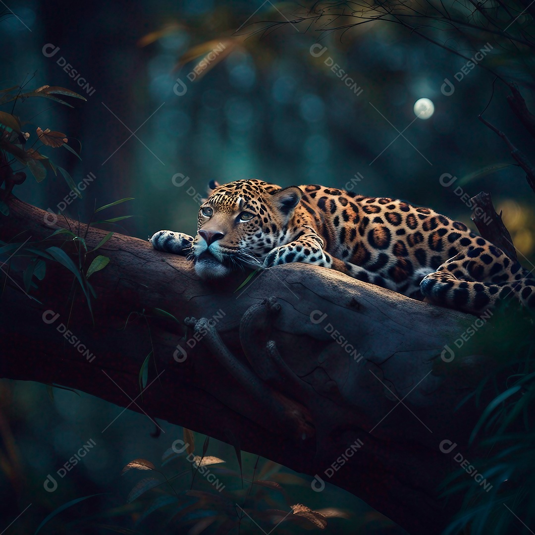 Jaguar descansando em um grande galho na floresta