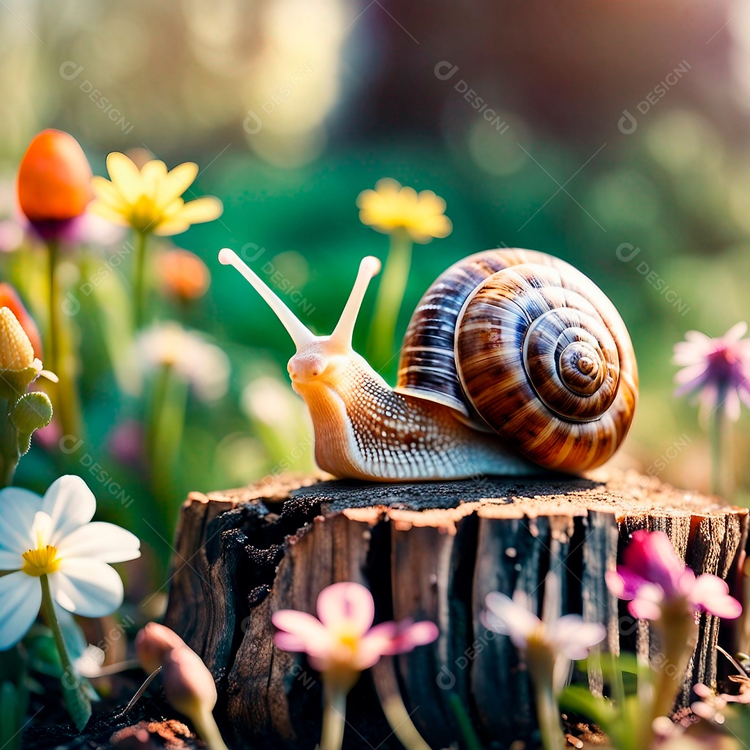 Grande caracol com uma concha rastejando sobre um toco na manhã de primavera no jardim