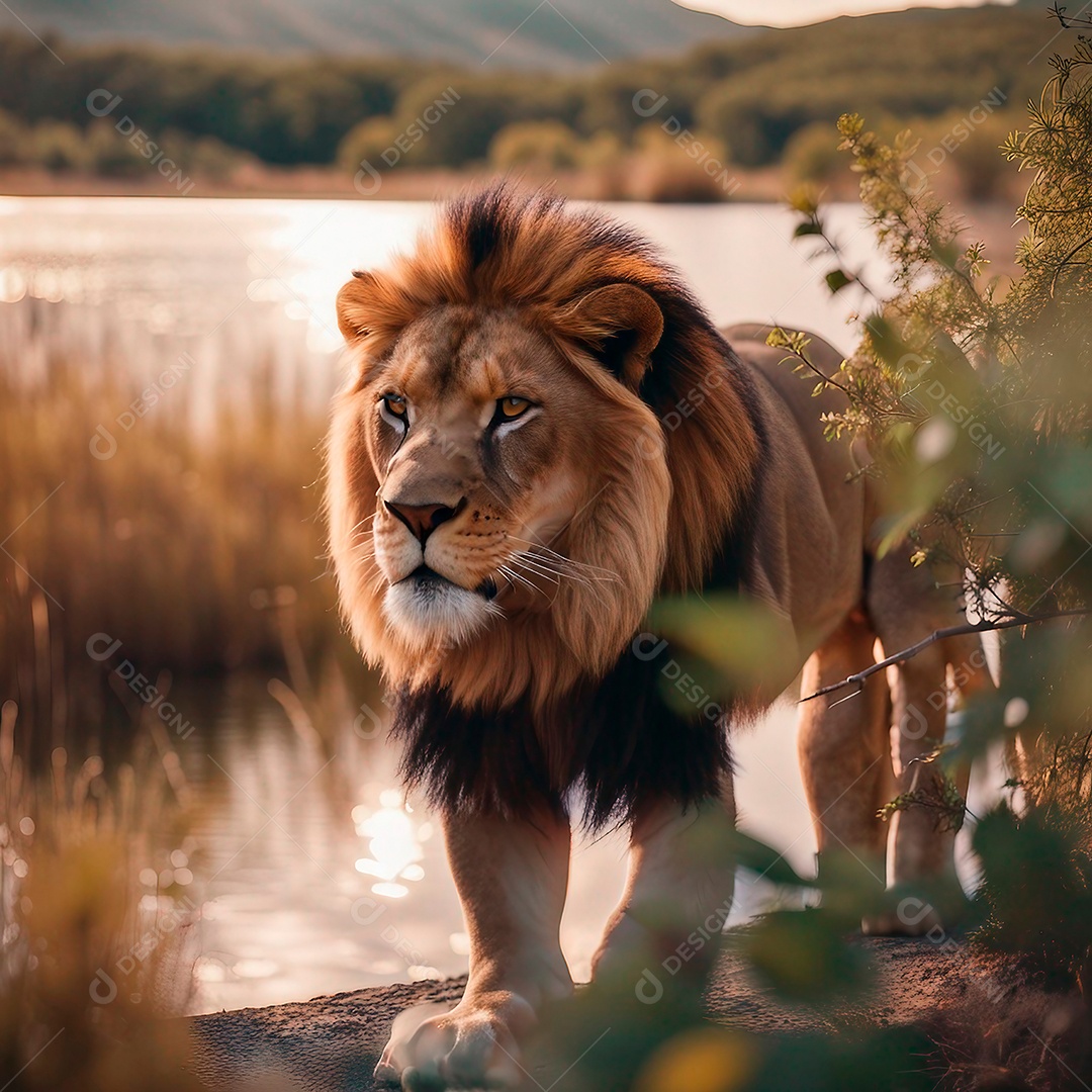 Leão andando na savana ao lado de um lago