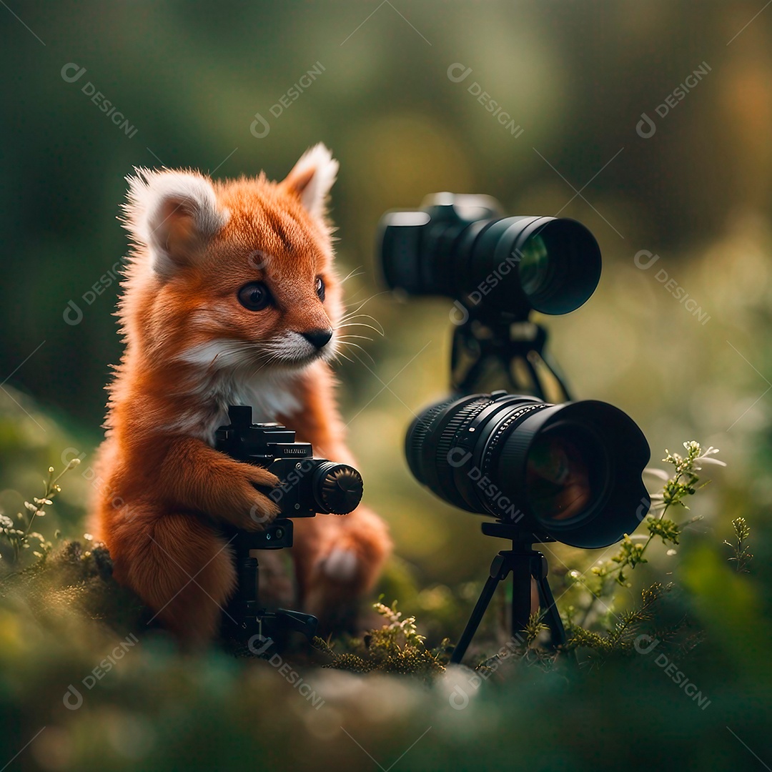 Pequeno urso fotógrafo tirando foto com sua câmera