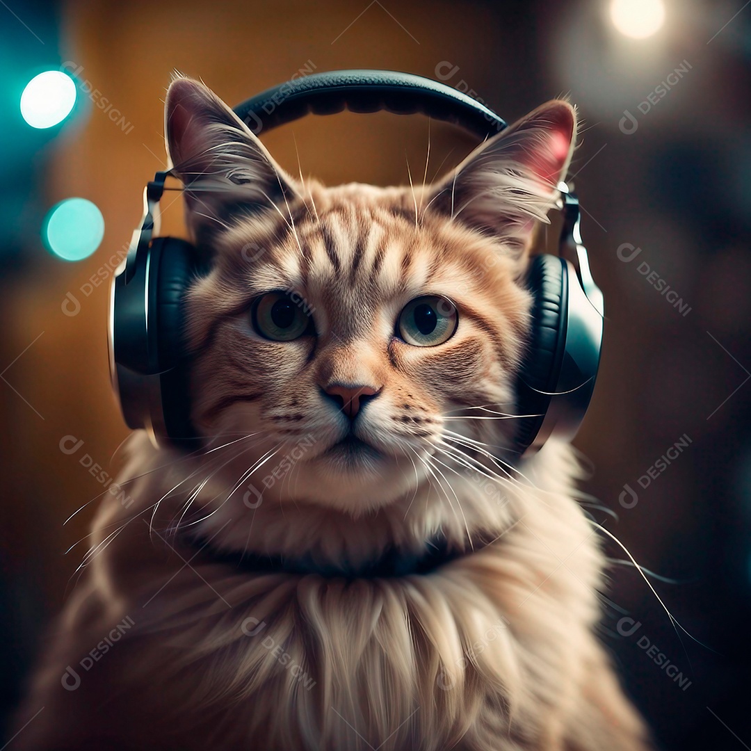 Gato amarelo listrado ouvindo música em fones de ouvido