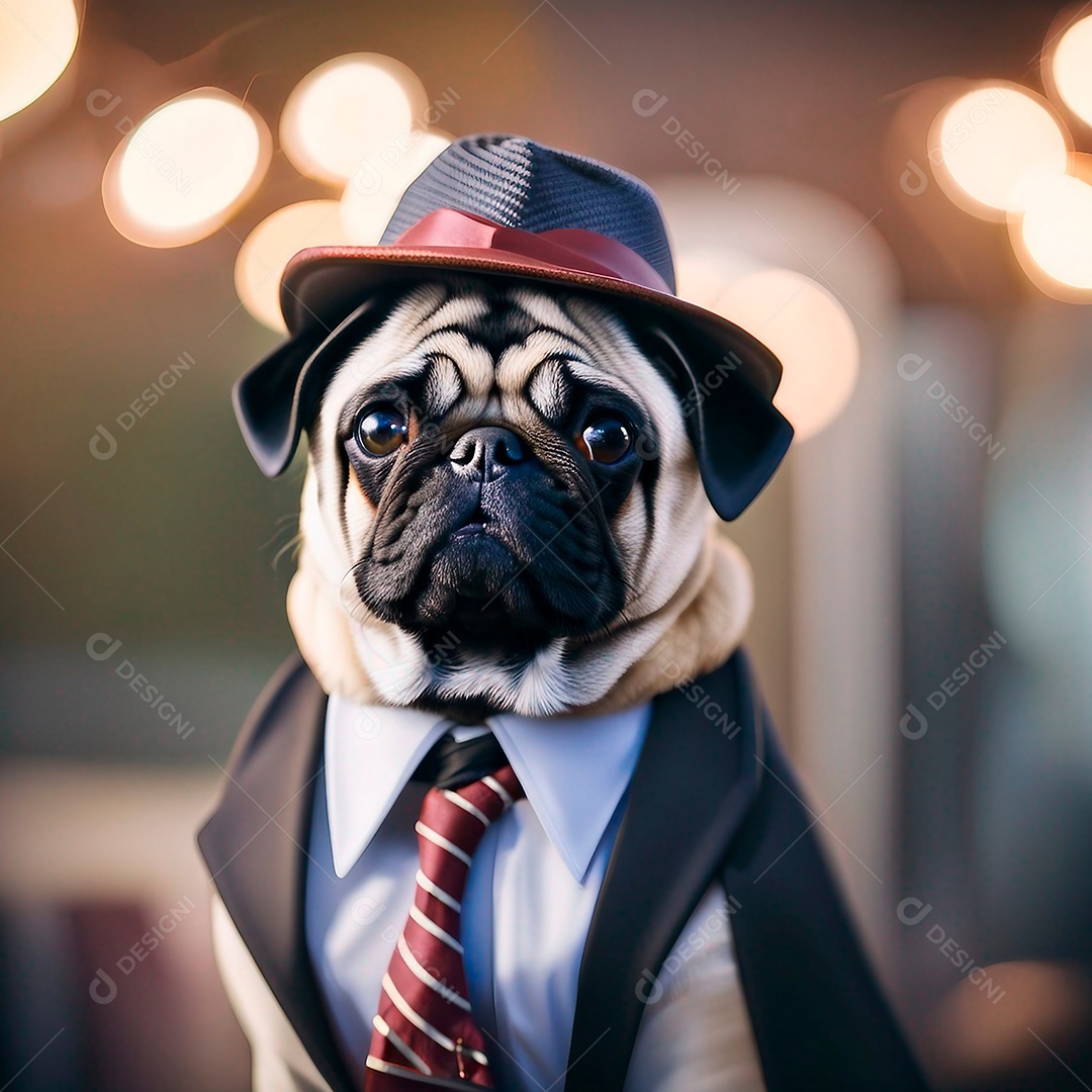 Cachorro pug usando chapéu e gravata