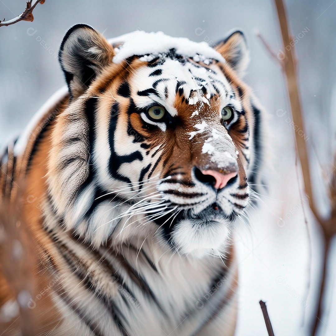 Tigre siberiano com neve na cabeça