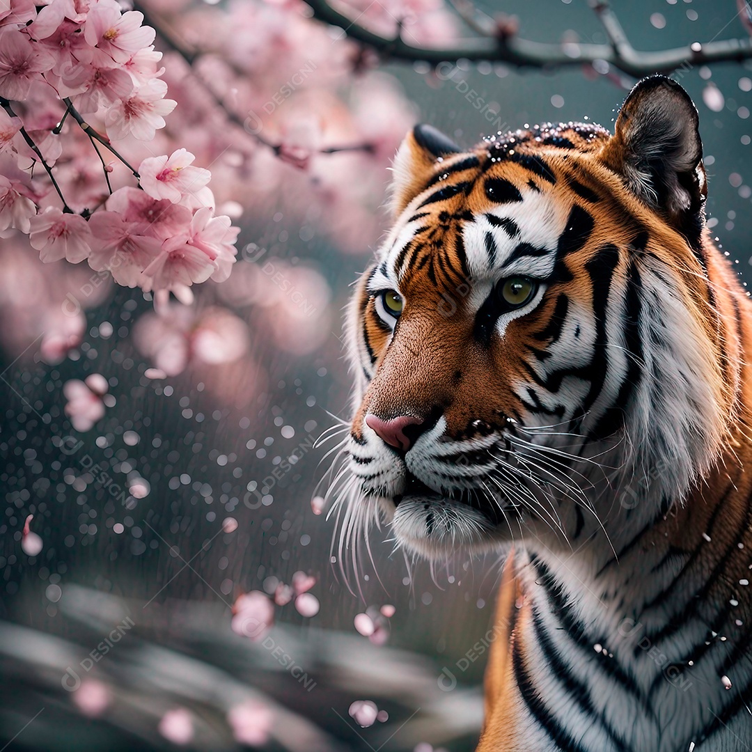 Tigre perto de flores de cerejeira rosa