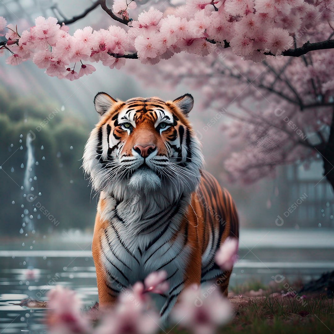 Tigre perto de flores de cerejeira rosa