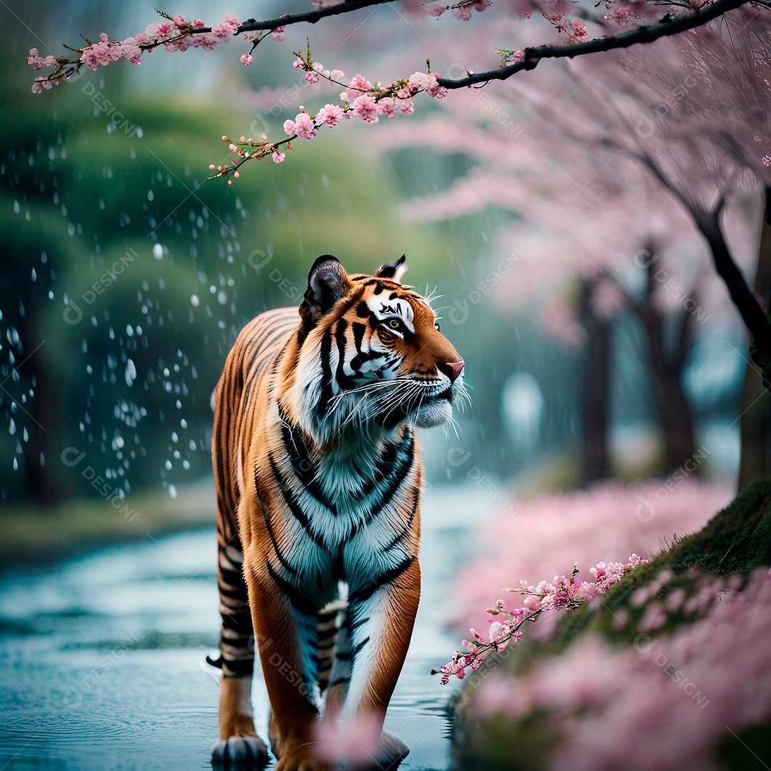 Tigre perto de flores de cerejeira rosa