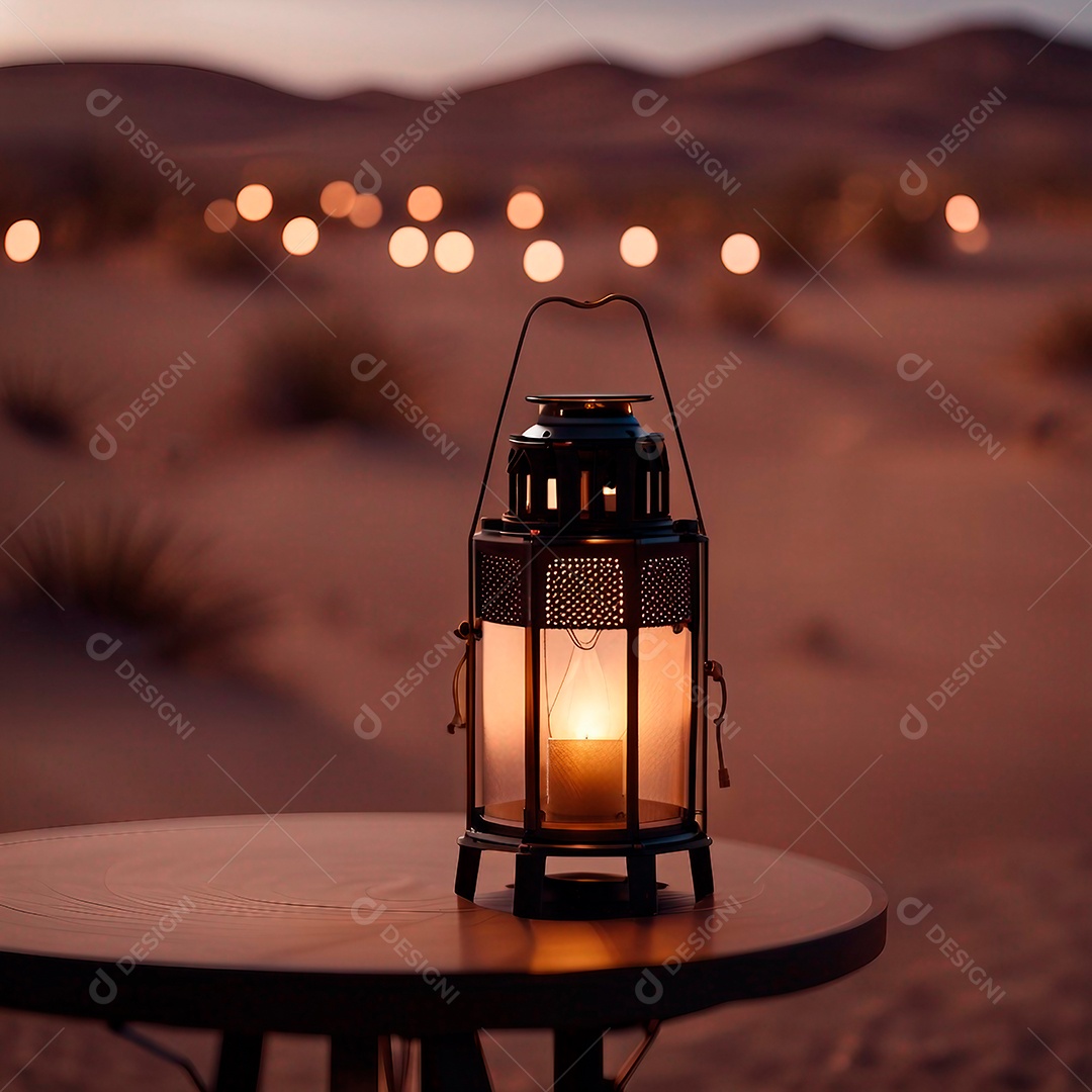 Uma lanterna está sobre uma mesa no deserto