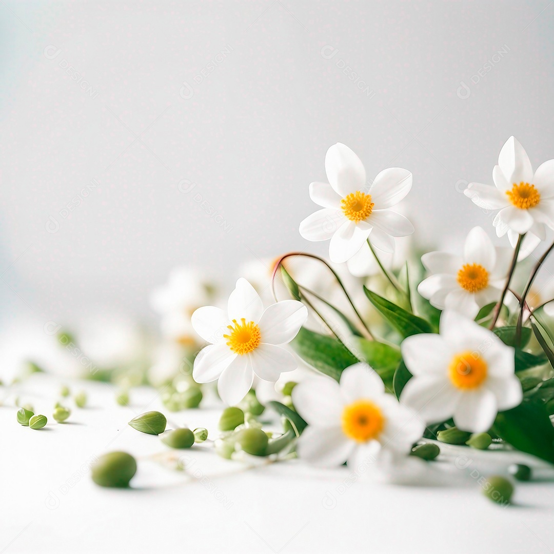 Lindas flores e folhas da primavera em fundo branco