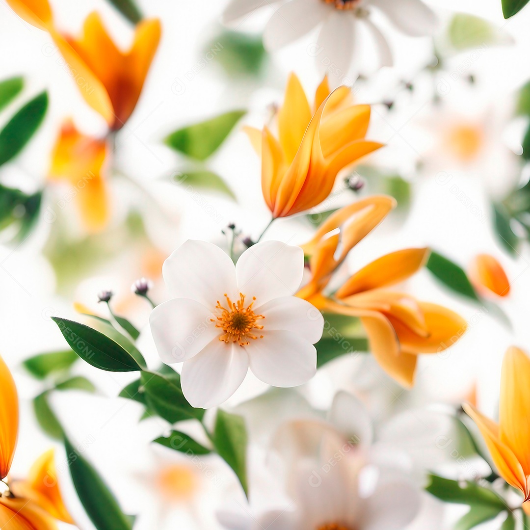 Lindas flores e folhas da primavera em fundo branco