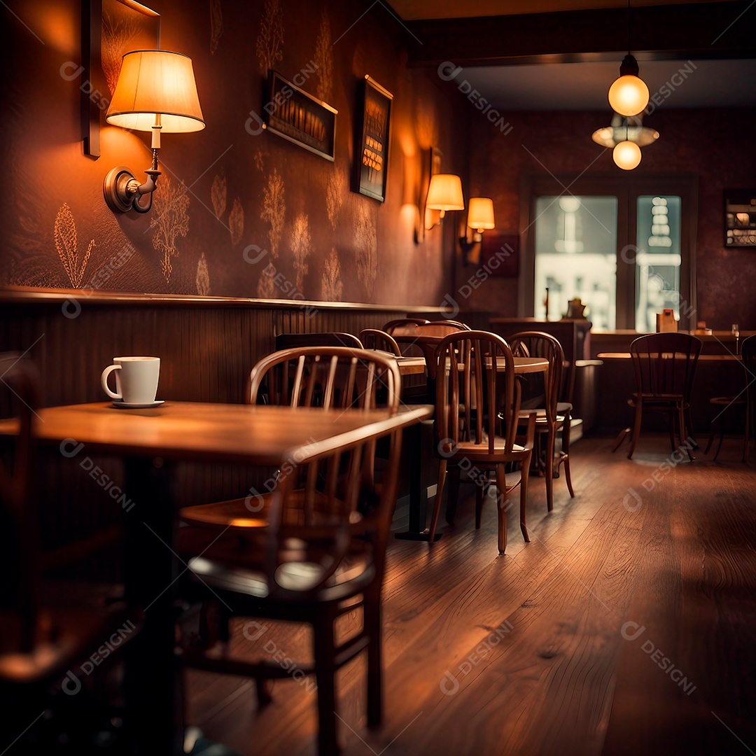 Imagem de um café aconchegante com mesas de madeira e cadeiras