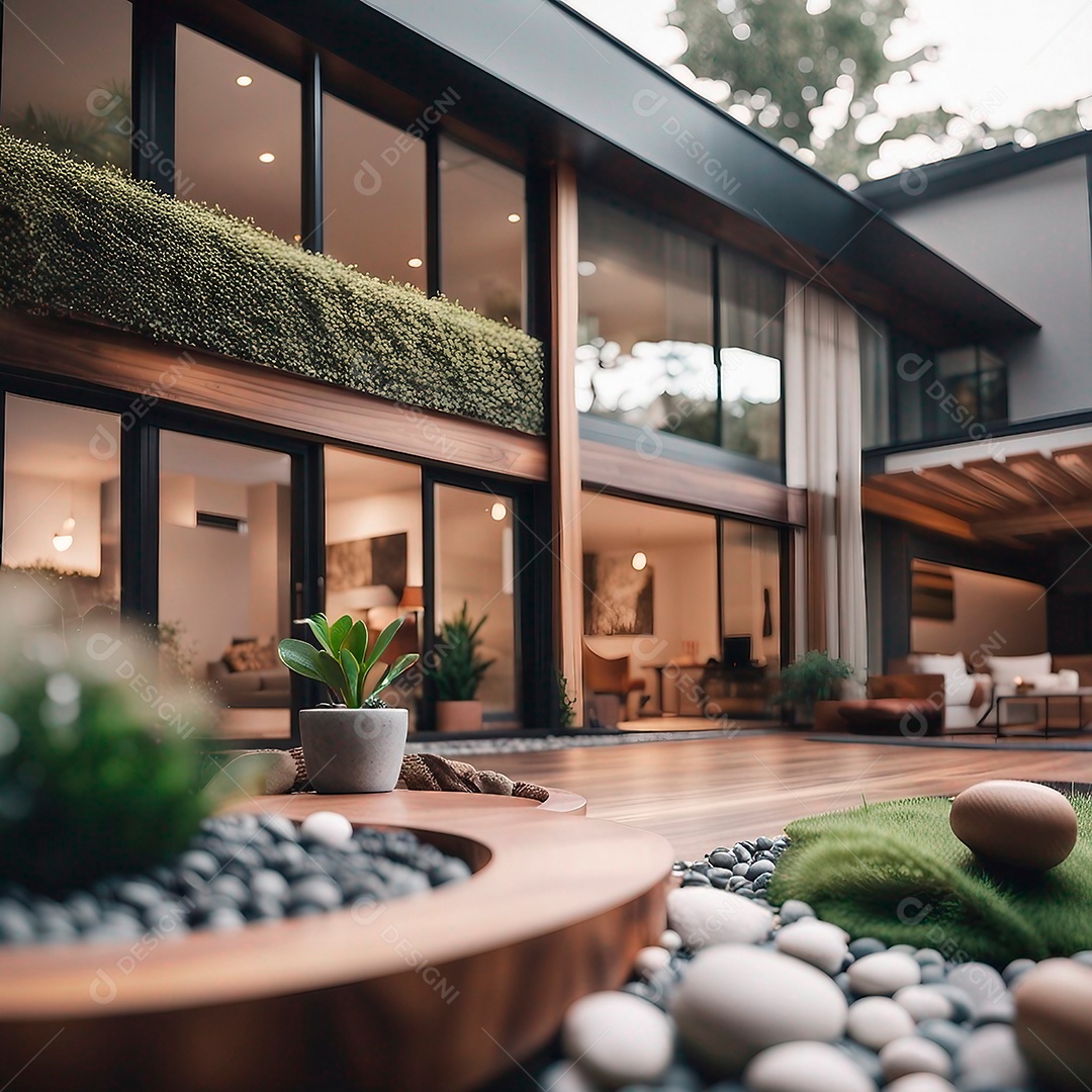 Uma casa moderna com conceito de open space e materiais naturais