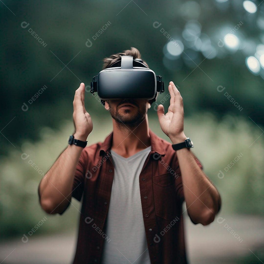 Homem usando óculos vr na floresta