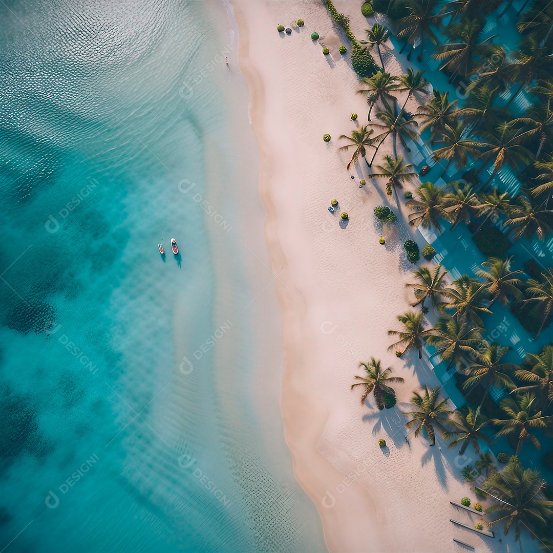 Vista de drone de uma praia com águas azuis