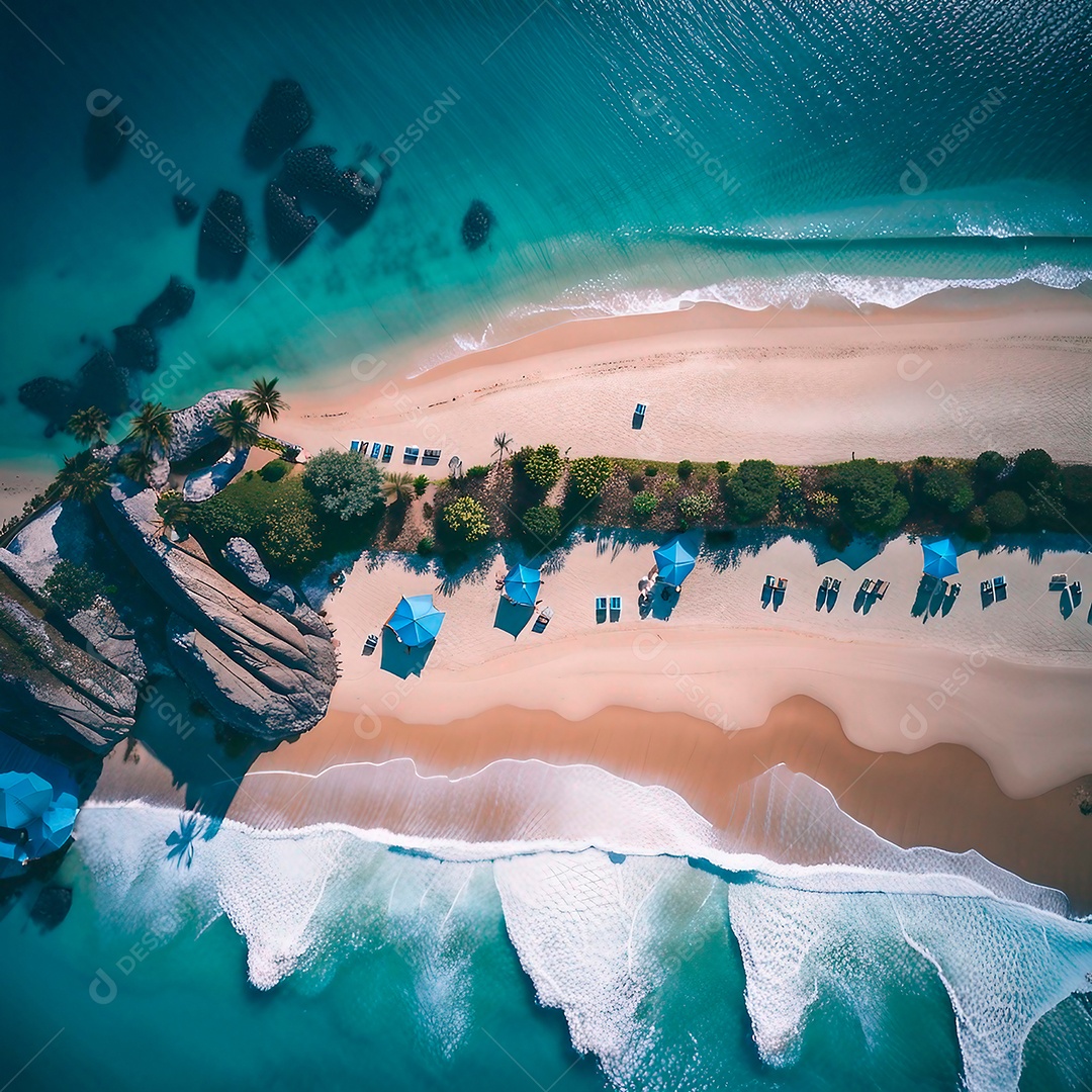 Vista de drone de uma praia com águas azuis