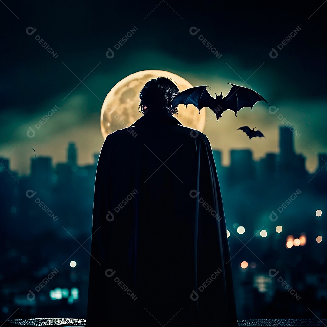 Vampiro visto de lado com paisagem noturna com morcegos